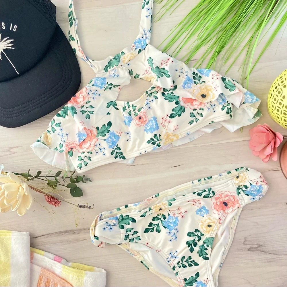 🌼🍍 O’Neill Girls’ Arabella Floral High Neck Two-Piece Swimsuit 👙☀️🏝💗🍍